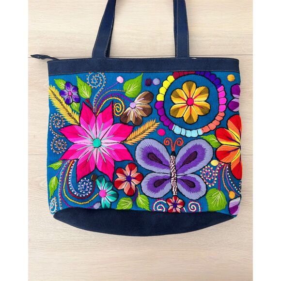 Source Unknown Handbags - Embroidered Colorful Flora & Fauna Folk Art Large Shopper Tote Bag Suede Accent